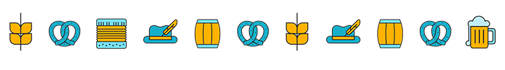 blue hue icon pattern of wheat, pretzel, keg, hat, and beer mug